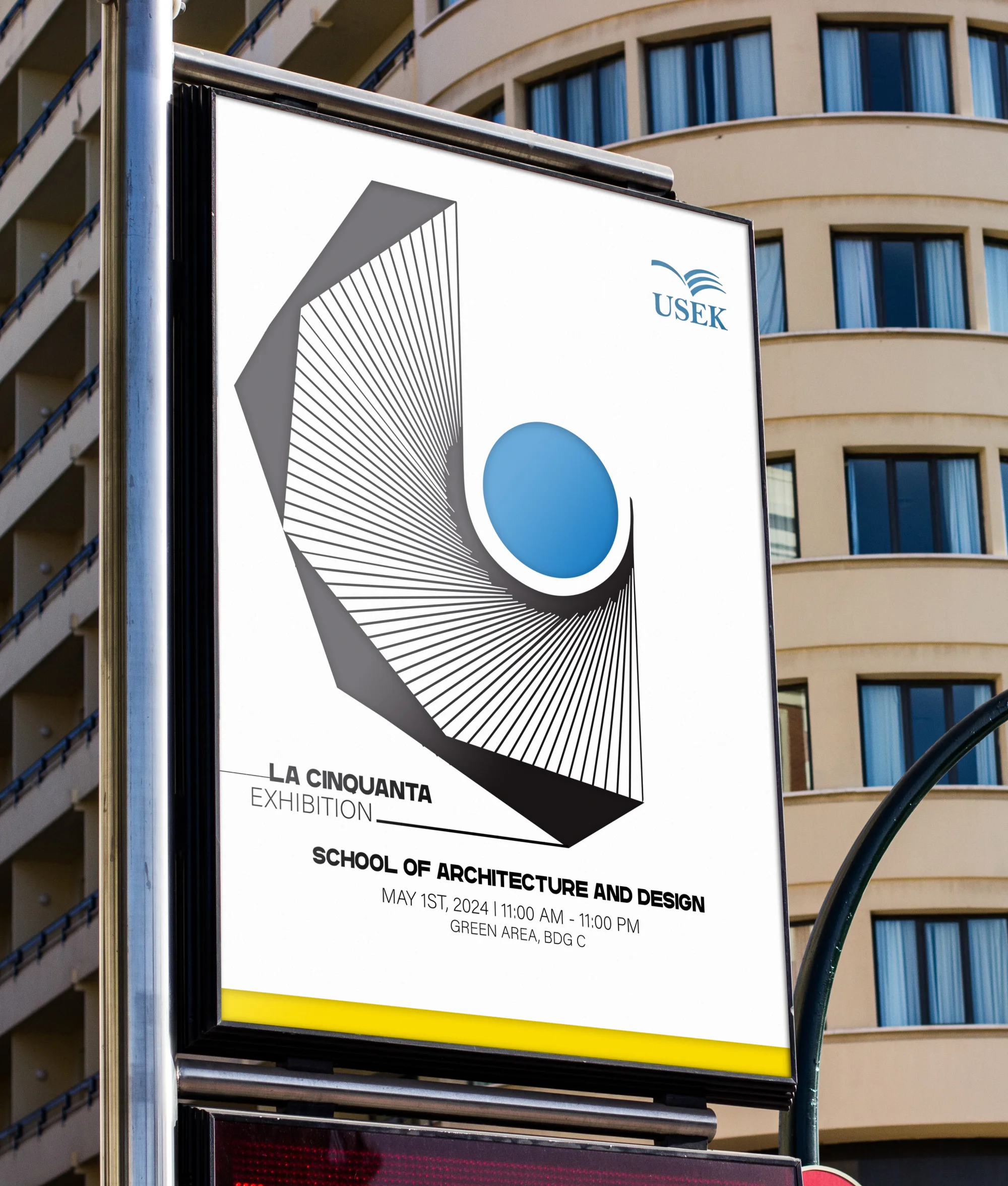 La Cinquanta exhibition poster mounted on a wall mockup